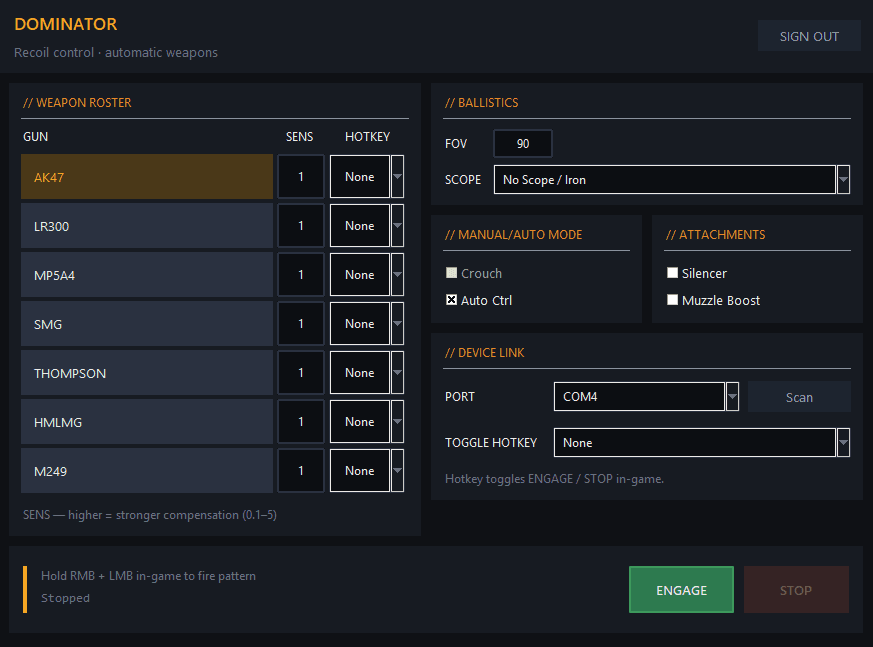 Dominator desktop app — weapon roster, ballistics, and device link